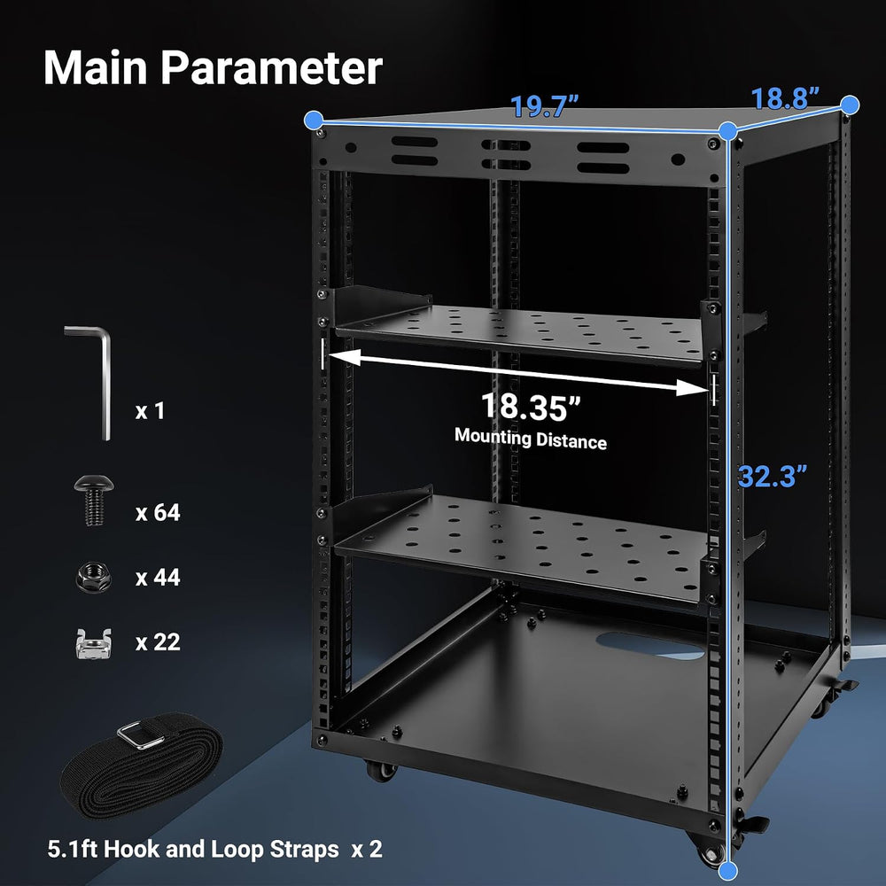 15U Open Frame Server Rack, Wall-mountable IT Rack w/Swivel Casters, 2 Rack S...