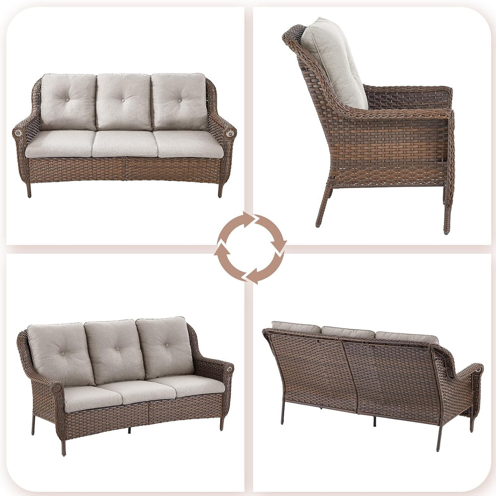 Patio Couch Outdoor Wicker Sofa - Heavy Duty All-Weather Brown Rattan 3-Seate...
