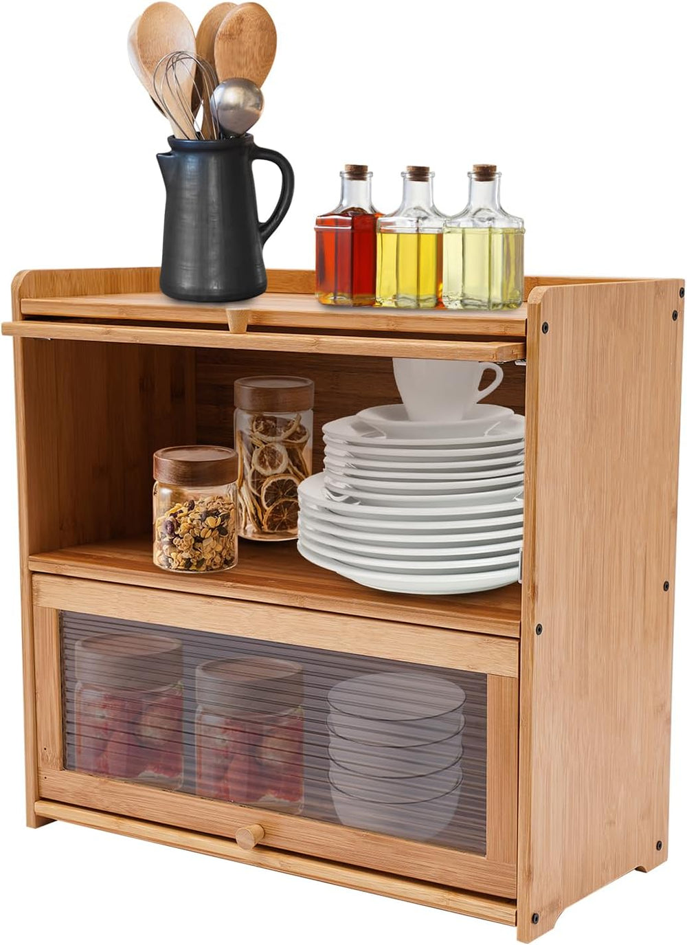 2 Tier Bamboo Countertop Pantry, Kitchen Countertop Flatware Storage Cabinet ...