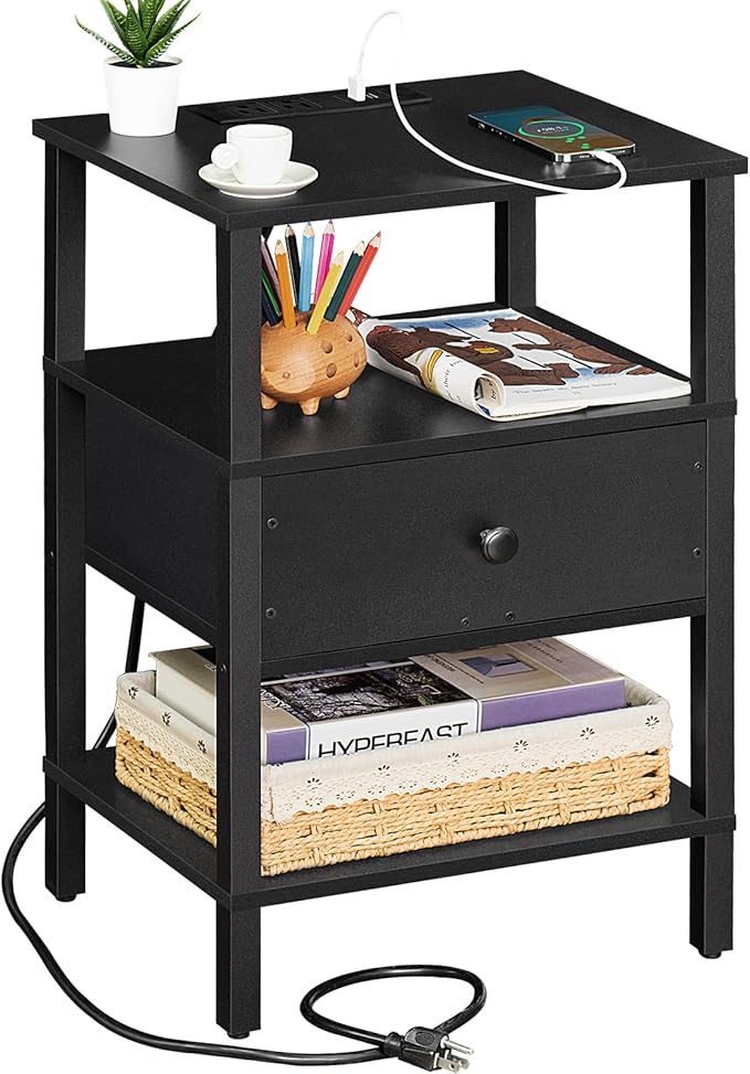 Lerliuo Nightstand with Charging Station and USB Ports, 3-Tier Storage End Ta...