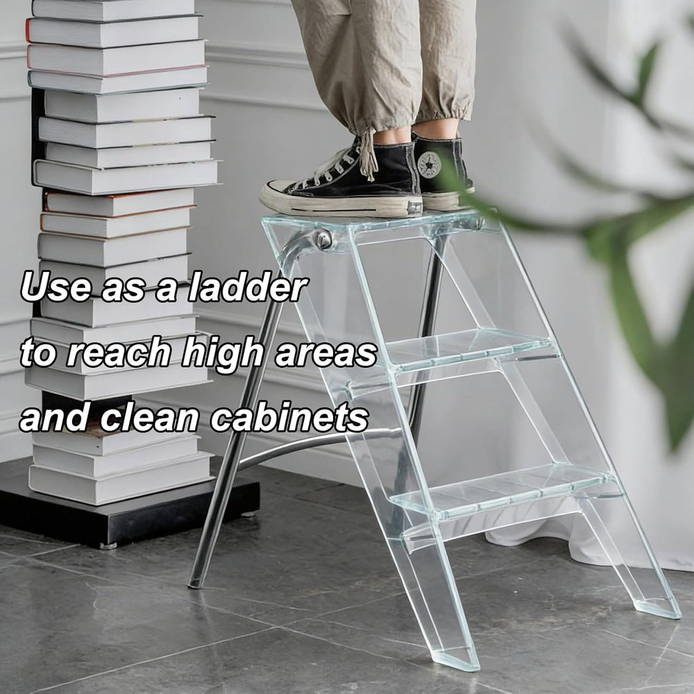 Transparent Acrylic 3-Step Folding Step Stool, 220 lbs Weight Capacity, Sleek...