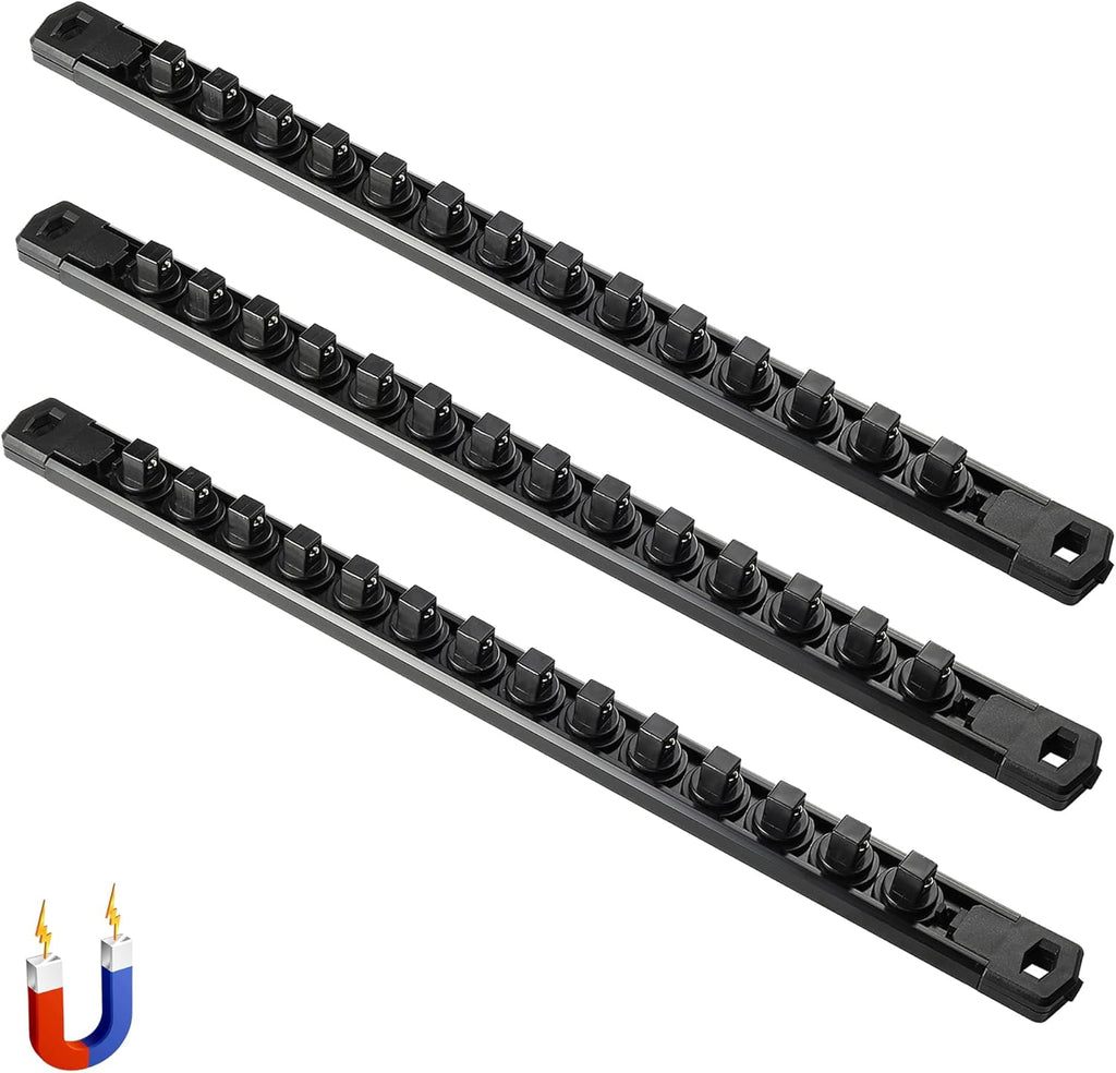 ALOANES 3-Piece Magnetic Socket Organizer, Heavy Duty Aluminum Socket Rails Organizer, 360° Swivel Clips Socket Holder Kit for Tool Box, 3/8-Inch Socket Holder x 42 Clips (Black)