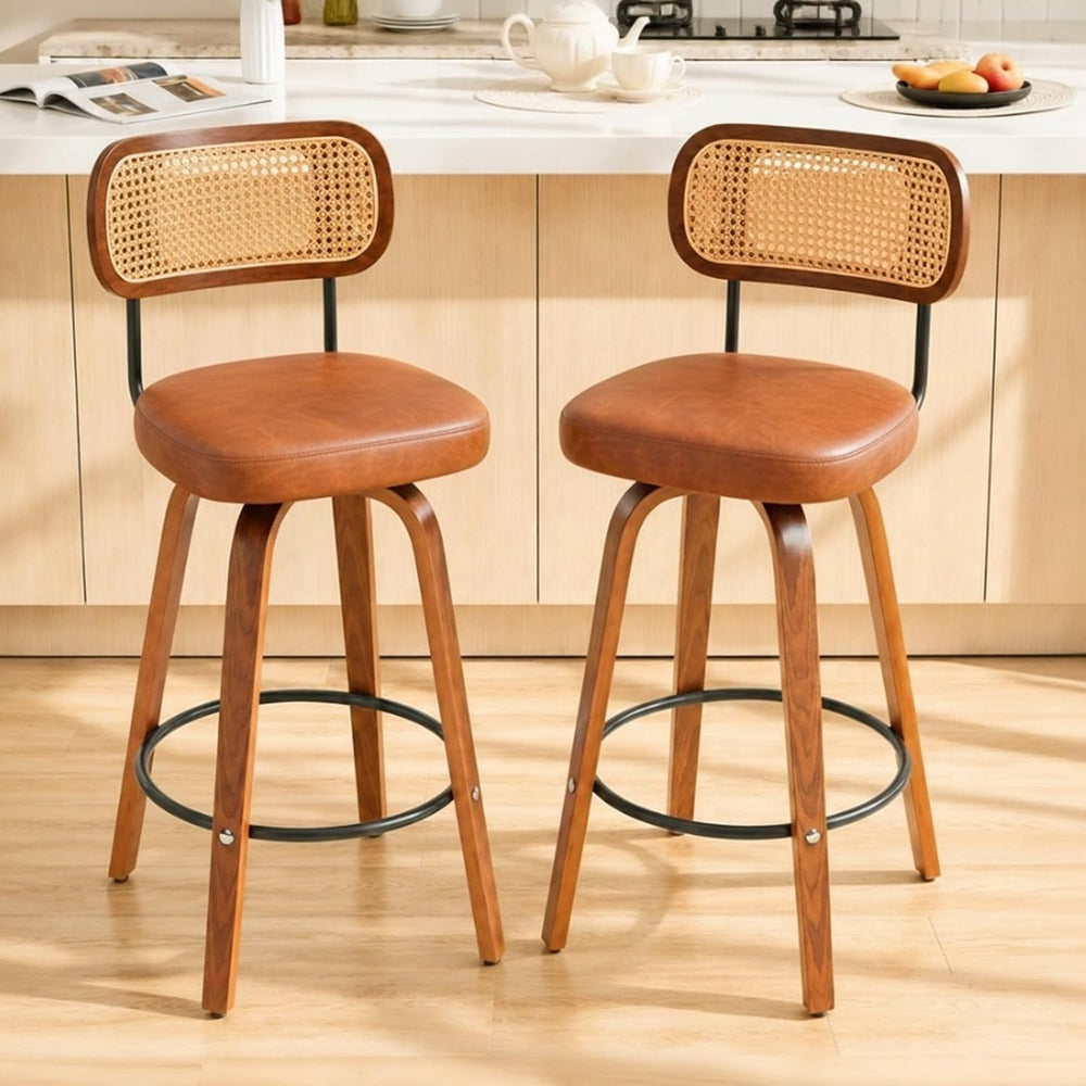 Rattan Bar Stools Set of 2,Upholstered PU Leather, 30''Counter Height...