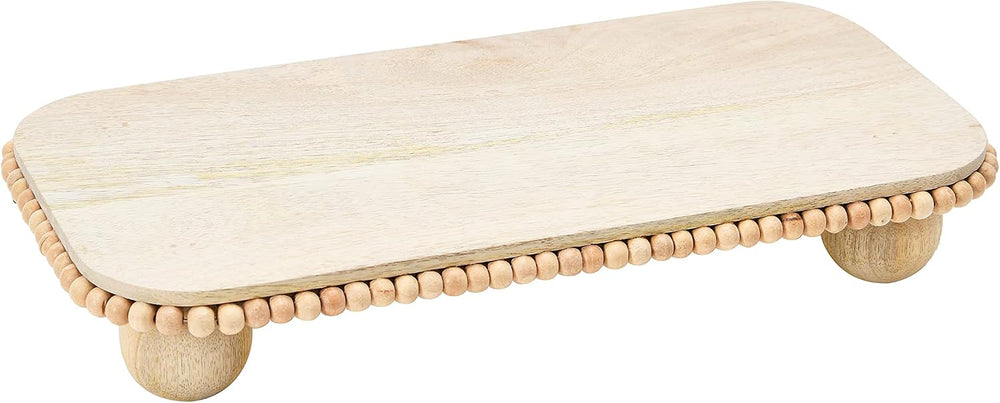 Mango Wood Pedestal with Wood Beads; Modern Footed Serving Tray/Decorative Wo...