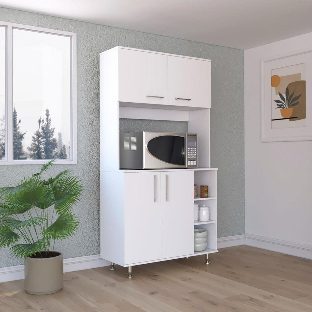 Malta Kitchen Pantry Double Door Cabinet, 4 Legs, 3 Shelves, White
