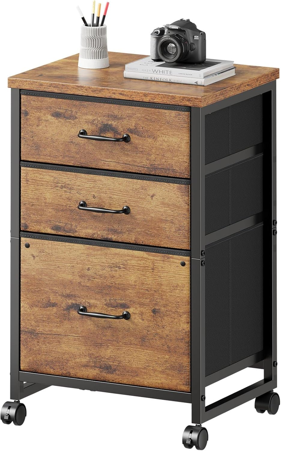Maihail 3 Drawer File Cabinet with Wheels with Open Storage Shelf, Rustic Brown2