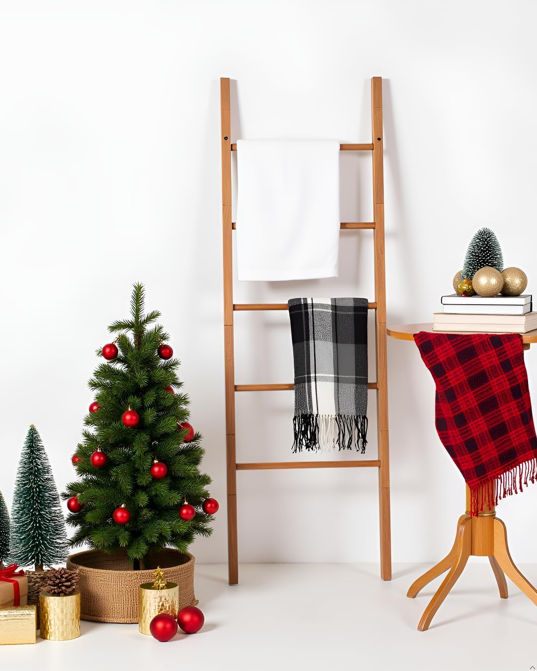 Acacia Wood Blanket Ladder, 6-Tier Wooden Blankets Holder for Living Room, Decorative Rack for Storage, Rustic Shelf for Farmhouse Bathroom - Light Natural
