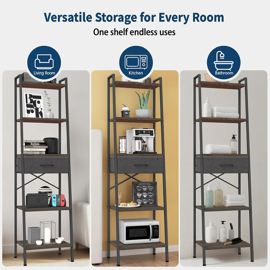 Whitmor 5-Tier Bookshelf with Drawer, Tall Narrow Bookcase with Wood Shelves & Metal Frame, Modern Display Storage Shelf for Living Room, Bedroom, Bathroom, Kitchen, Black