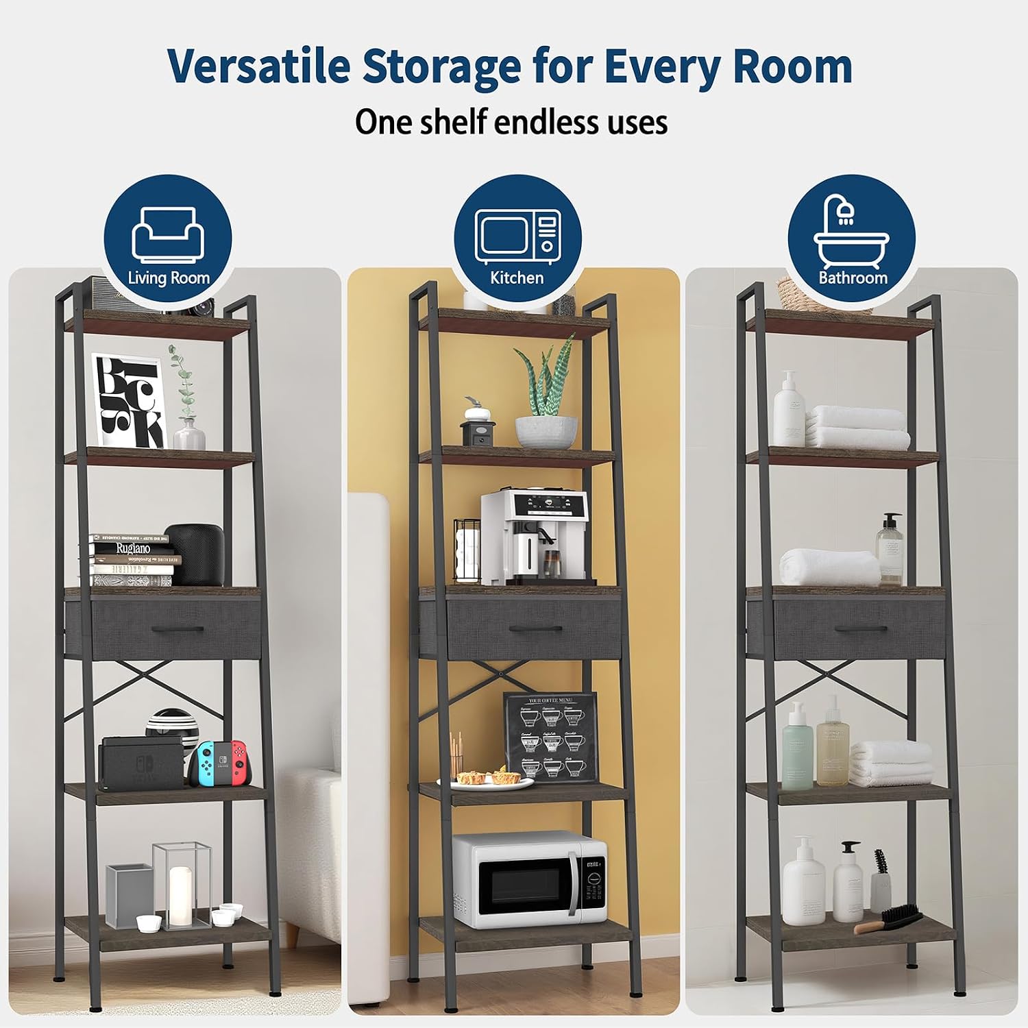 Whitmor 5-Tier Bookshelf with Drawer, Tall Narrow Bookcase with Wood Shelves & Metal Frame, Modern Display Storage Shelf for Living Room, Bedroom, Bathroom, Kitchen, Black