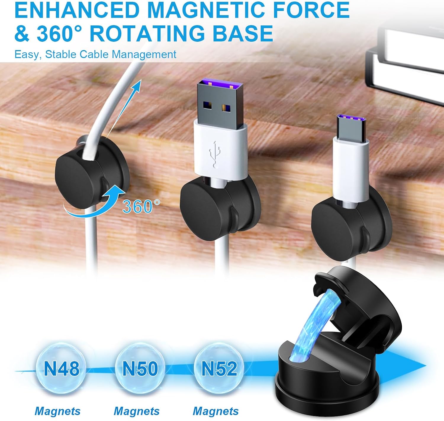 6pcs Magnetic Cord Organizer, 360° Swiveling Adhesive Cable Clips - Compact Cord Holder for Nightstand, Desk, Car, Kitchen & Home Office - Charger Holder Management Solution by MarLigavid (Black)