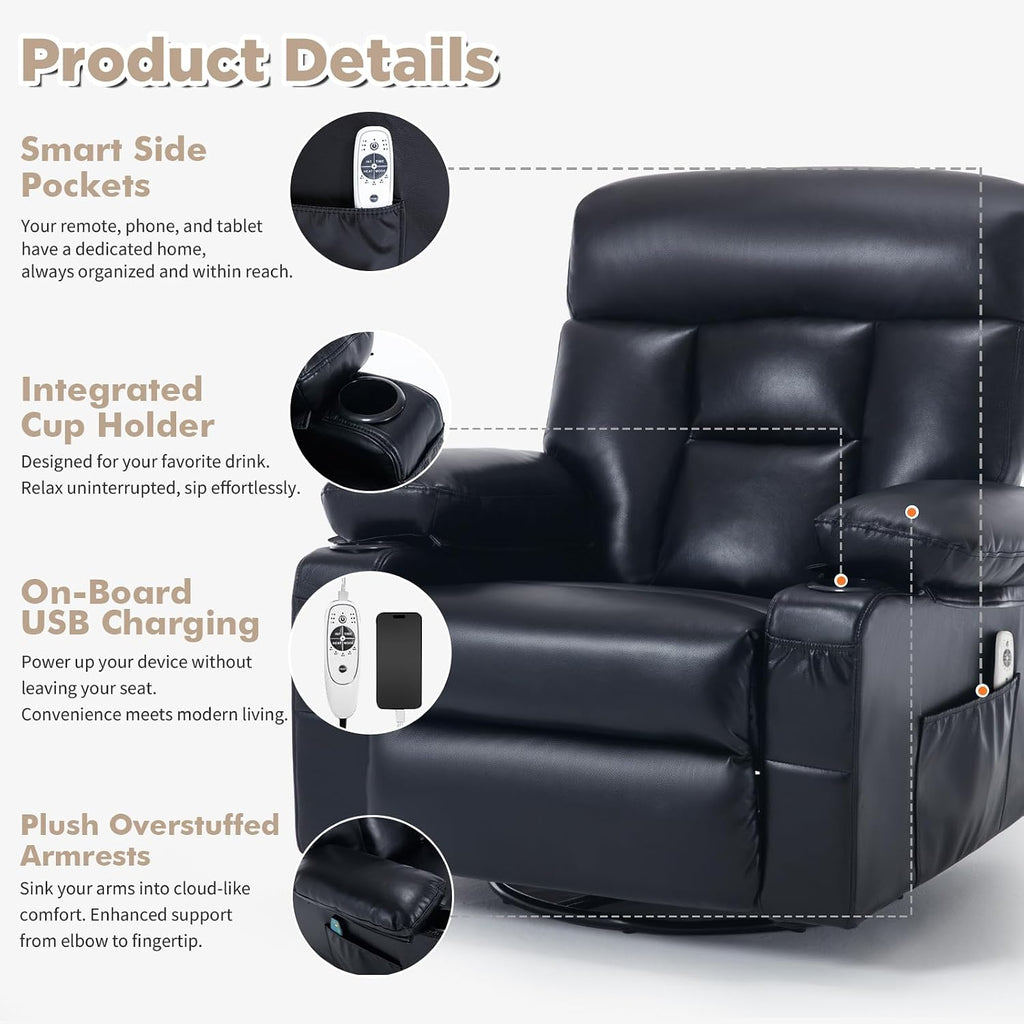 Faux Leather Swivel Rocker Recliner Chair with Heat Massage, Black | Manual Recliner, Overstuffed, Cup Holders, USB Port, Reclining Lounge Chair, Nursery Rocking Glider Chair