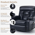 Faux Leather Swivel Rocker Recliner Chair with Heat Massage, Black | Manual Recliner, Overstuffed, Cup Holders, USB Port, Reclining Lounge Chair, Nursery Rocking Glider Chair
