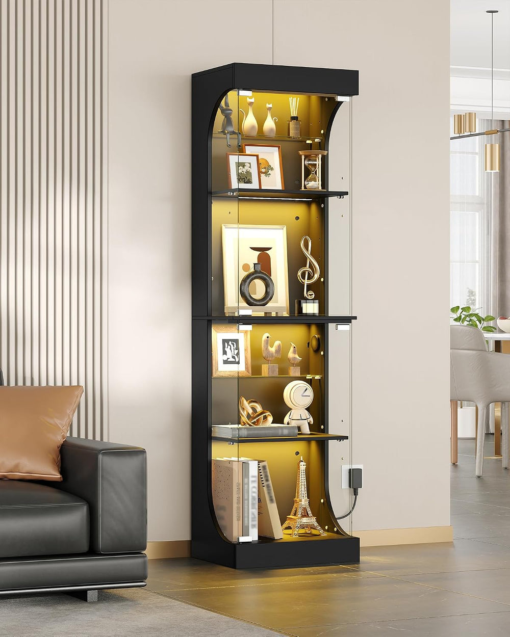 Hzuaneri Glass Display Cabinet 4-Tier Display Case with RGB Lights Black | Cu...