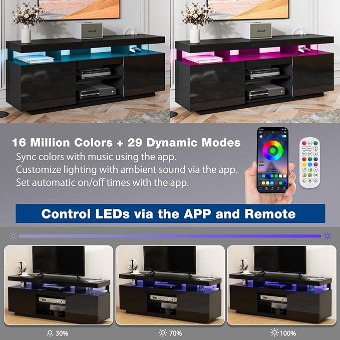 HOMMPA 70 Inch LED TV Stand for 70/65/60/55 inch TV Entertainment Center with Power Outlets, Gaming TV Consoles with Storage Media Cabniet with LED Lights for Living Room Black&Grey, Large