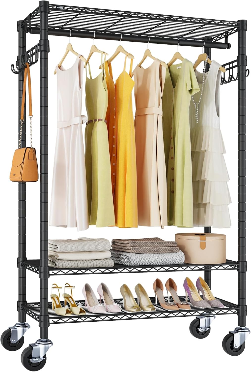 VIPEK R3 Heavy Duty Garment Rack with Lockable Wheels, Portable Rolling Closet with Adjustable Shelves & Hanging Rod & Side Hooks, Compact Space-Saving Storage for Small Apartments/Dorms (Black)