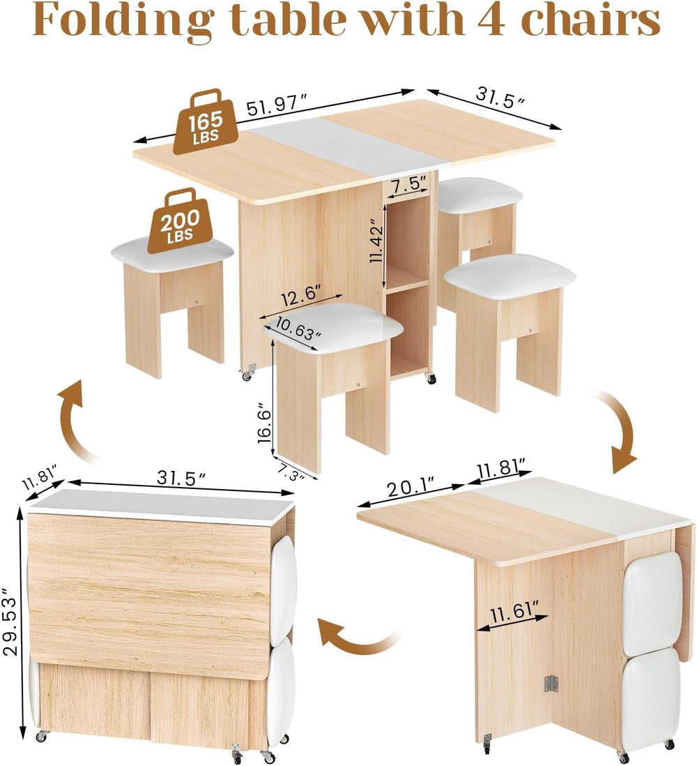 AWQM Folding Dining Table Set, Storage Folding Table & Chair, Beige White...