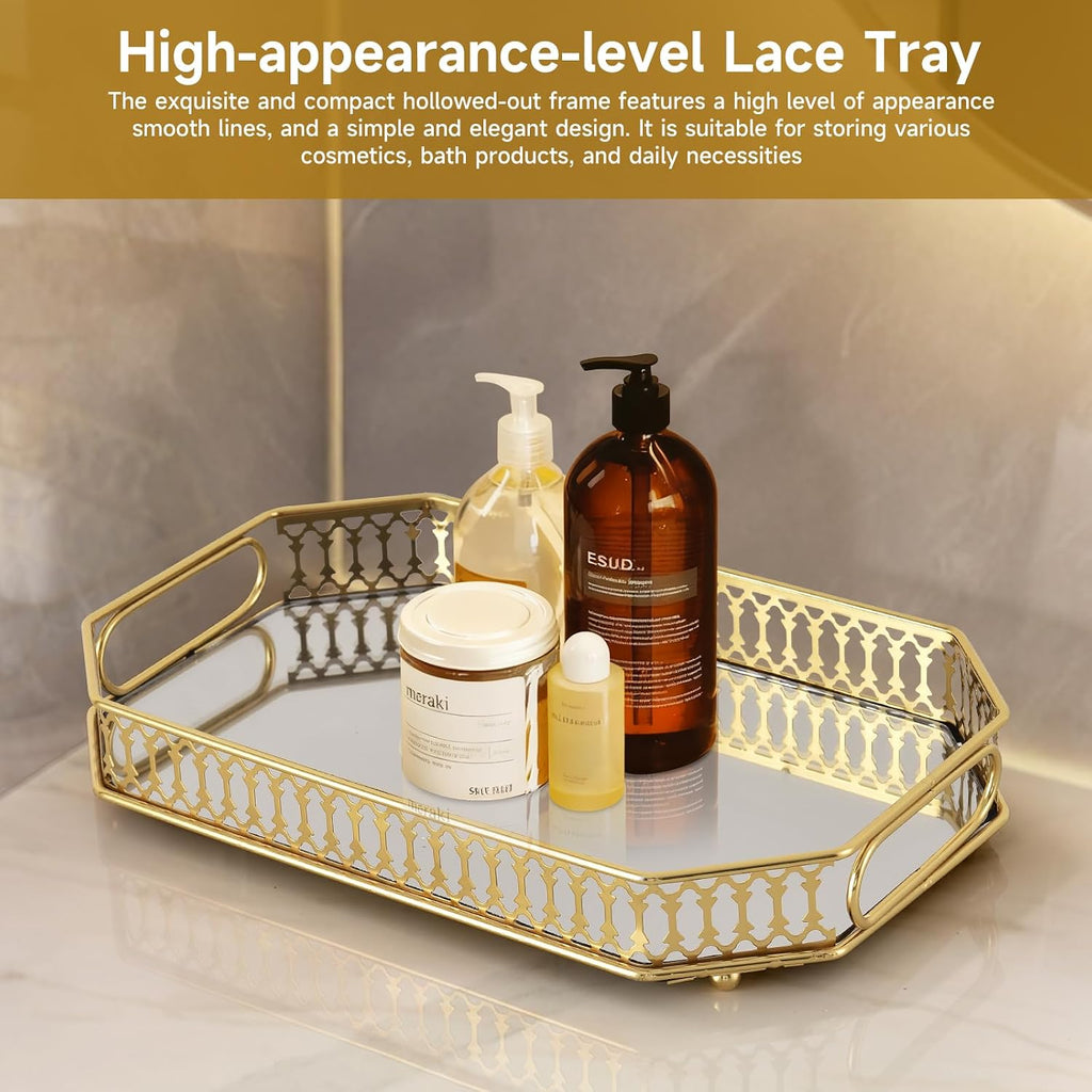 Mirrored Perfume & Makeup Vanity Tray - Hollow-Out Jewelry Storage, Gold Metal & Glass Trinket Organizer for Dresser & Bathroom Countertop, 11.3" Small Size