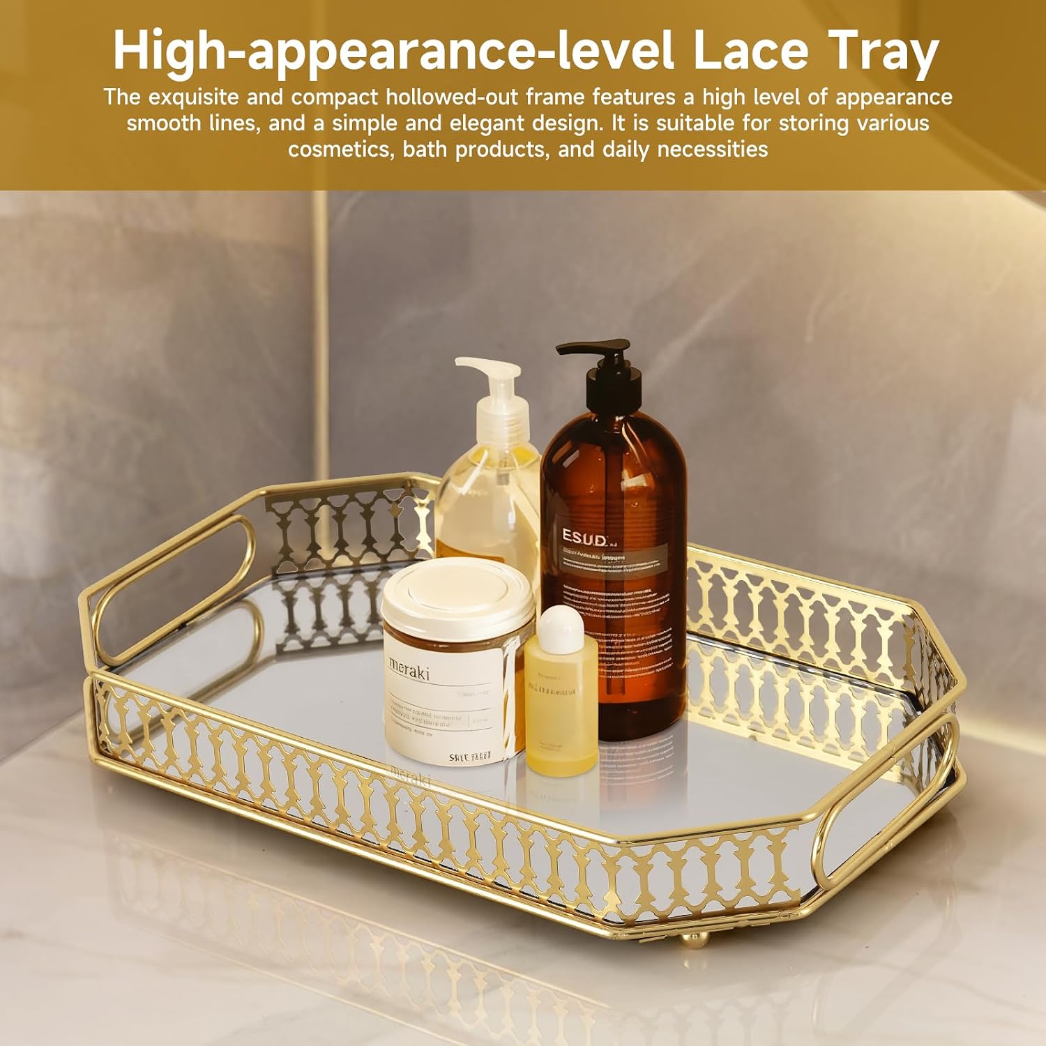 Mirrored Perfume & Makeup Vanity Tray - Hollow-Out Jewelry Storage, Gold Metal & Glass Trinket Organizer for Dresser & Bathroom Countertop, 11.3" Small Size