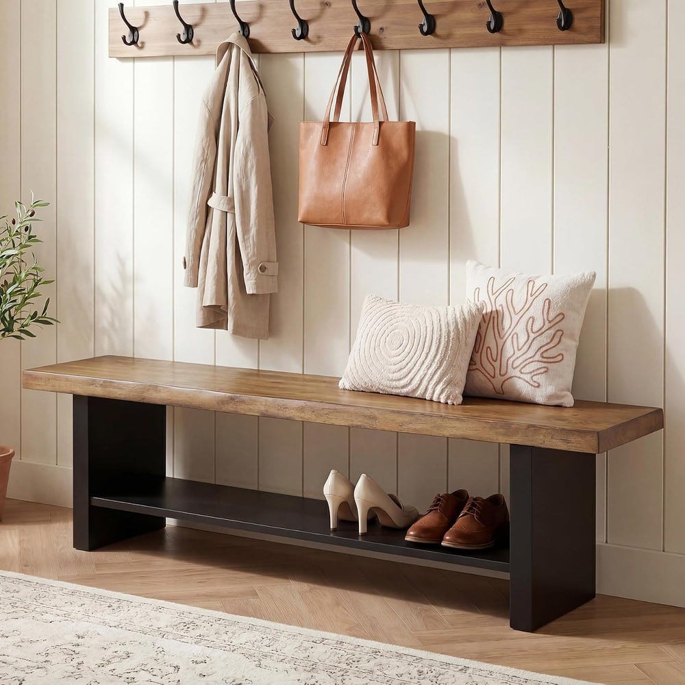 55" Solid Wood Bench with Shoe Storage, 2-Tier Farmhouse Entryway Bench,...