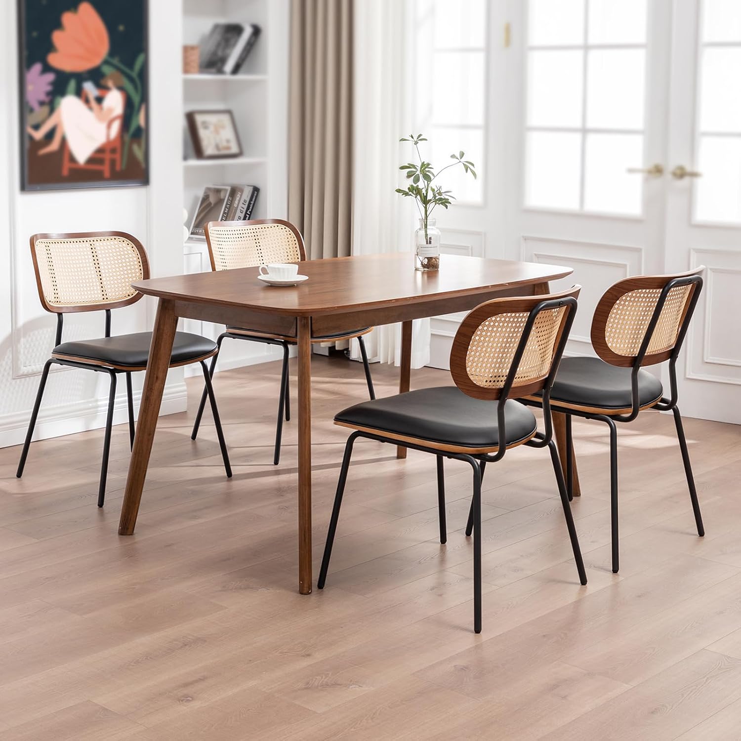AQG Rattan Dining Chairs Set of 4, Mid Century Modern Dining Chairs, Cane Back Chairs, Cane Back Leather, Kitchen & Dining Room Chairs with Metal Legs (Black-PU, Set of 4-Rattan)