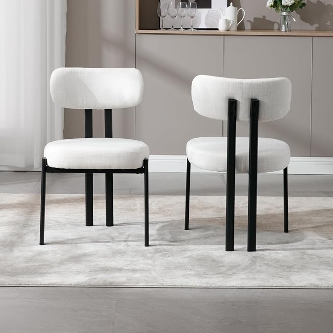 LukeAlon Linen Dining Chairs Set of 2, Modern Upholstered Armless Kitchen Chairs with Black Metal Legs Curved Back Dining Room Chairs Reception Guest Chair for Living Room Office, Light Beige