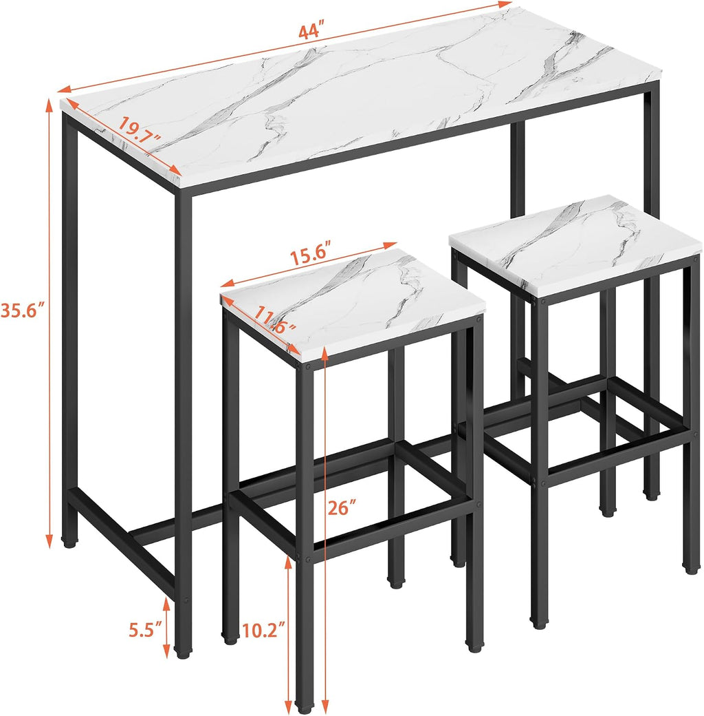 Yongchuang 3 Piece Bar Table Set, White Bar Table and Chairs Set for 2, Modern Counter Height Bar Table with 2 Stools for Kitchen, Dining Room High Top Breakfast Table Faux Marble Wood Top