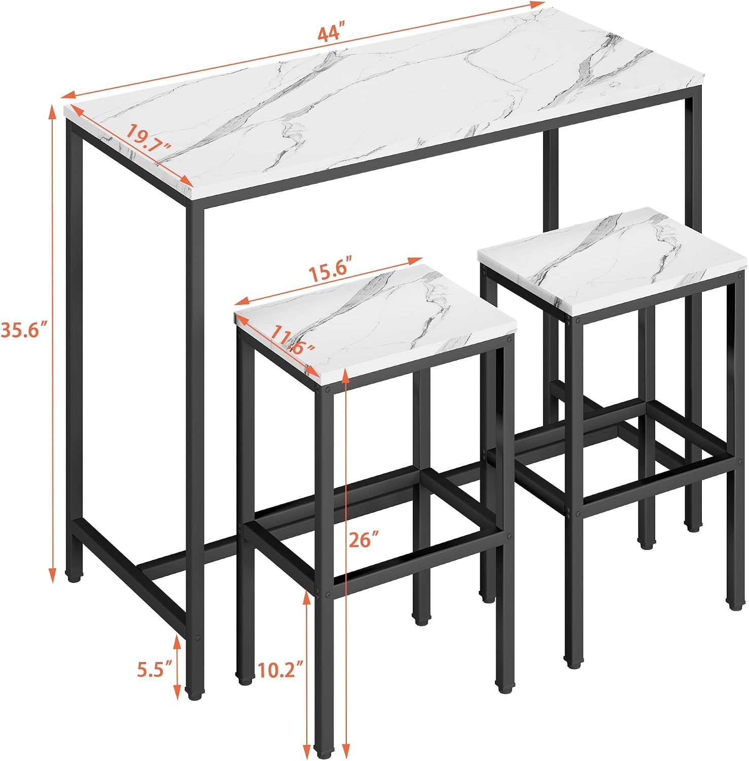 Yongchuang 3 Piece Bar Table Set, White Bar Table and Chairs Set for 2, Modern Counter Height Bar Table with 2 Stools for Kitchen, Dining Room High Top Breakfast Table Faux Marble Wood Top