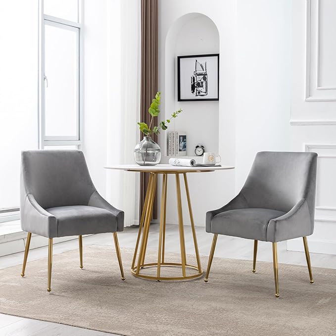 Modern Velvet Dining Chairs Set of 6, Contemporary Upholstered Furniture Collection with Polished Gold Metal Legs, Elegant Accent Chairs for Kitchen Living Room(Grey)