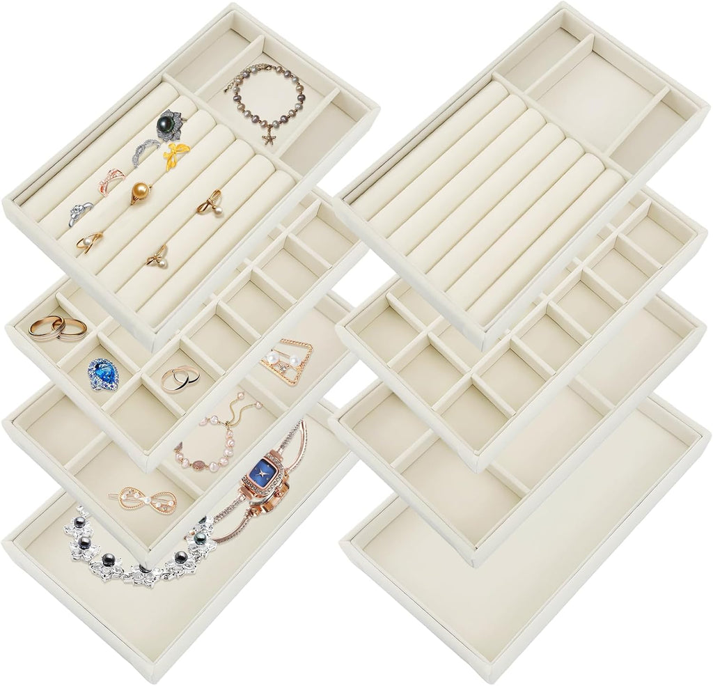 8 Pack Jewelry Organizer for Drawer, Necklace Velvet Storage Display Tray, Stackable Insert Divided Holder for Bracelet Rings Earring Brooch Watch, Beige 4 Styles