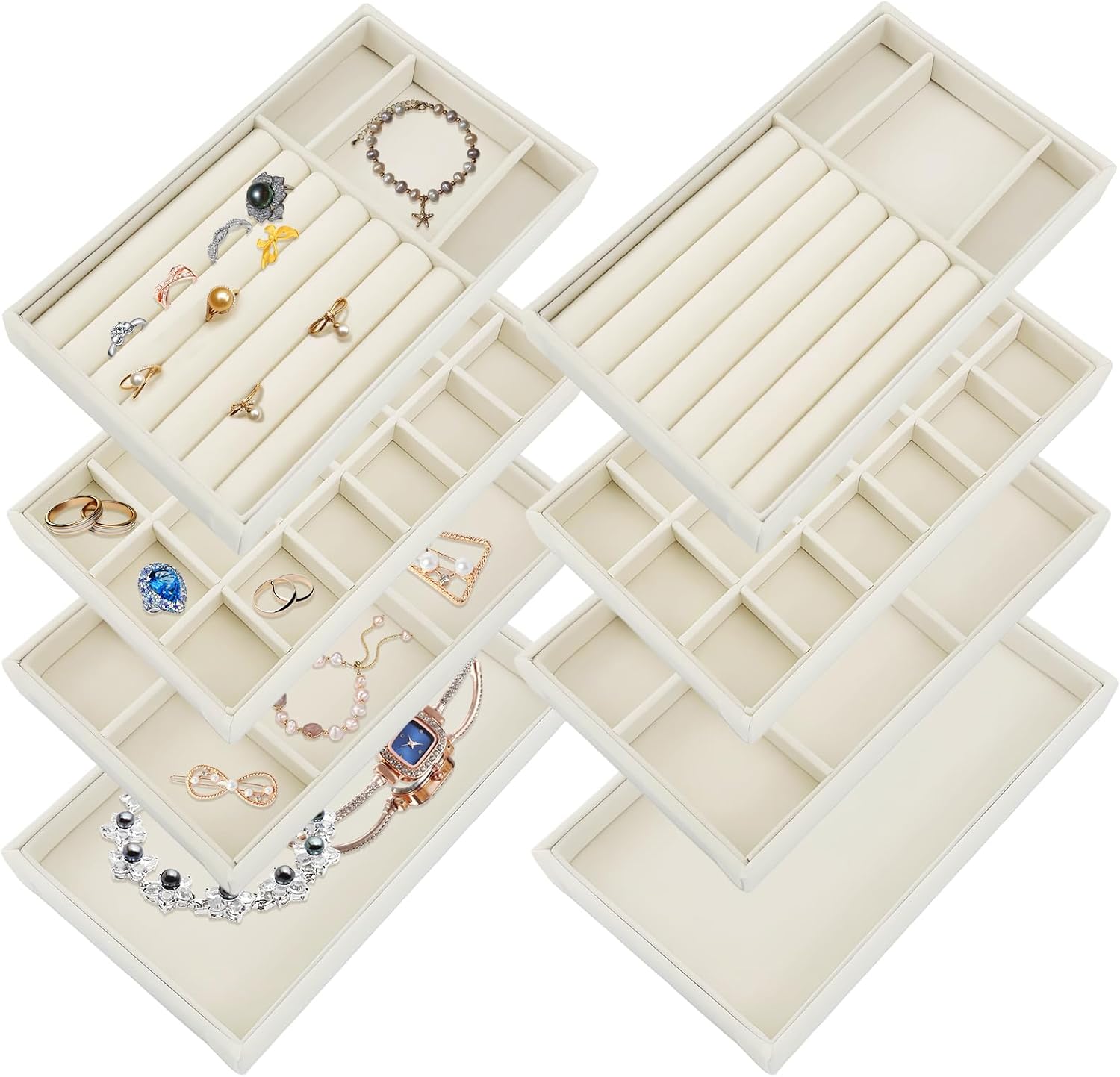 8 Pack Jewelry Organizer for Drawer, Necklace Velvet Storage Display Tray, Stackable Insert Divided Holder for Bracelet Rings Earring Brooch Watch, Beige 4 Styles