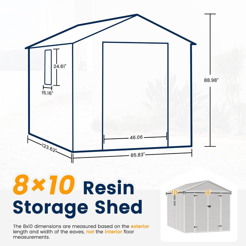 UDPATIO Resin Storage Shed 8 x 10 FT, Outdoor Garden Sheds with Floor Plastic Patio Outdoor Storage with Lockable Door for Bike, Garbage Sandstone