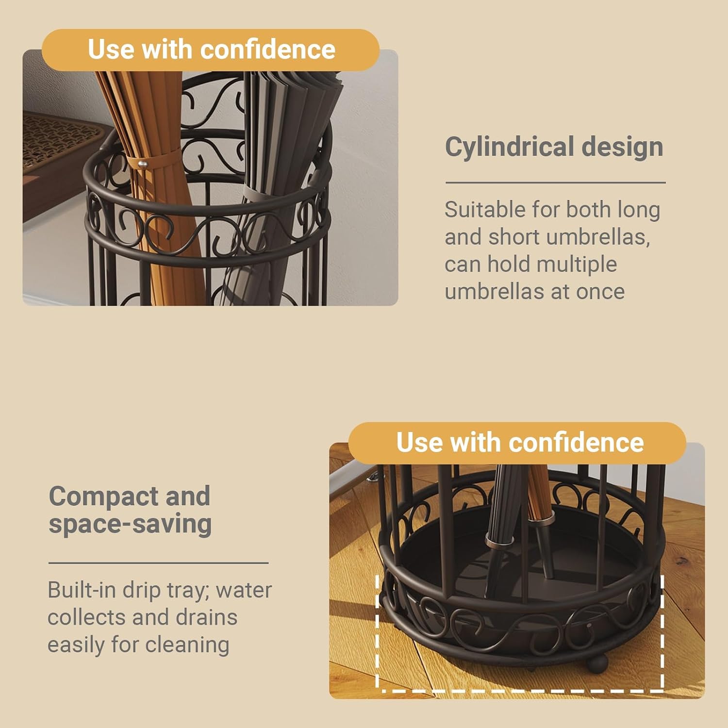 Round Metal Umbrella Basket with Removable Drip Tray Large Capacity Commercial Vintage Umbrella Holder with Hollow Design for Entryway, Hallway(Black)
