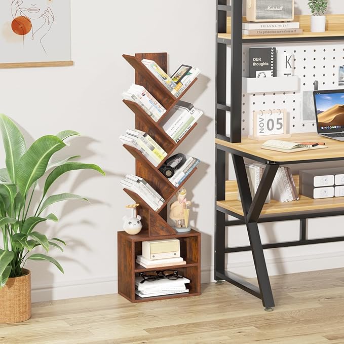 10 Tier Tree Bookshelf,Floor Standing Wood Tall Bookcase for Narrow Space, St...