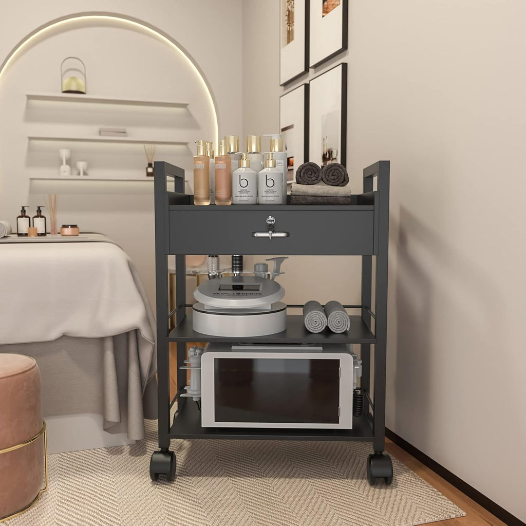 Paddie Salon Trolley Cart, Salon Tray Wooden Mobile Utility Cabinet with 1 Drawer 2 Trays, Rolling Storage Station Medical Esthetic Supply Holder for Beauty Spa (1 Drawer, Black)