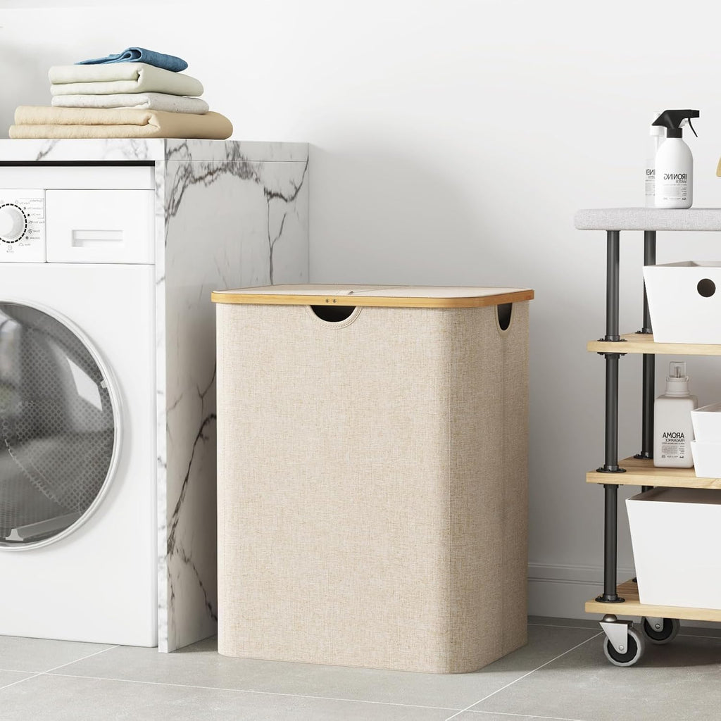 Lifewit 120L Large Laundry Hamper with Lid, Foldable 2 Section Laundry Basket with Bamboo Handles and Removable Bags for Laundry Room, Bathroom, Bedroom, Beige