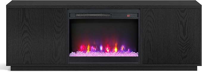 Henn&Hart Fluted TV Stand for TVs up to 75" with 26" Electric Crystal Rocks Fireplace and Ribbed Side Storage Cabinets for Living Room, Family Room, or Office, Natural Black