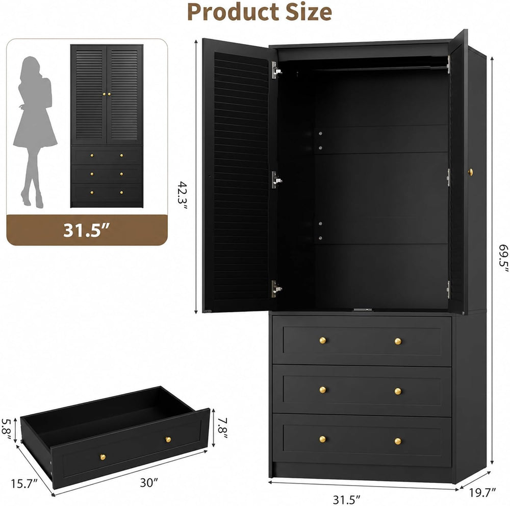 GarveeHome 70" Wardrobe Armoire Wooden Closet with 3 Drawers, Black