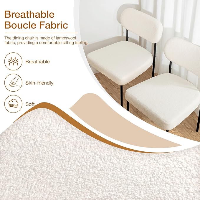 HOMMPA Dining Chairs Set of 2 Boucle Upholstered Kitchen Chairs with Curved Backrest Modern Dinner Chair with Metal Legs for Dining Room Living Room Vanity White