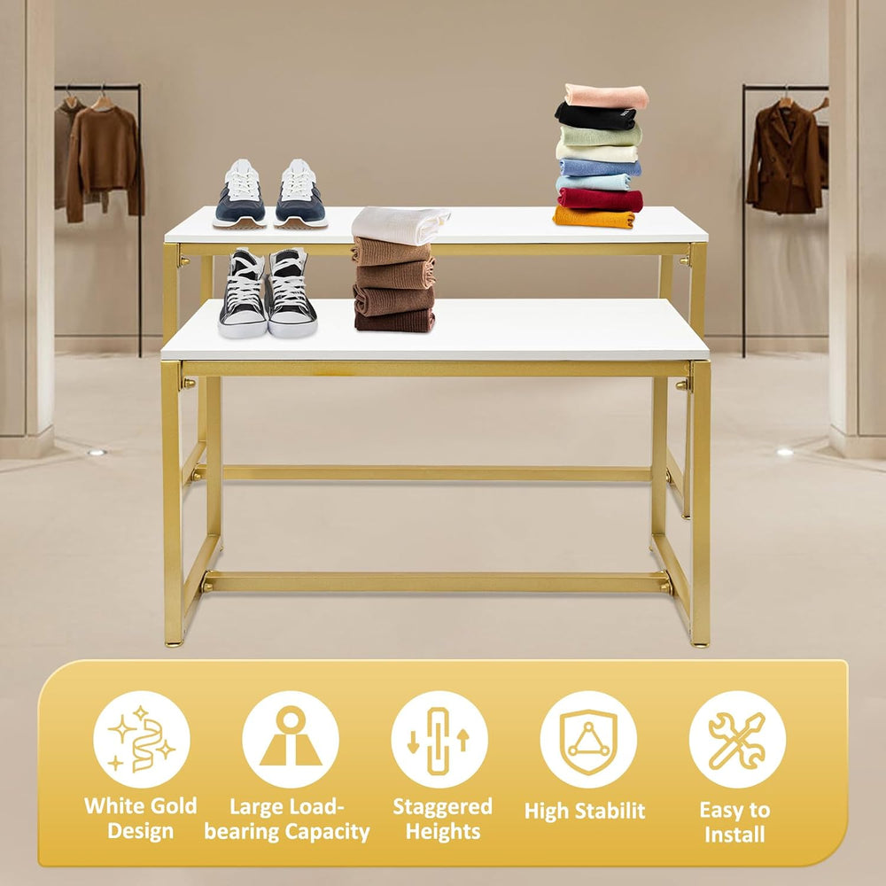 Modern Nesting Tables Retail Display Tables Set of 2 Gold Shoe Handbag Displa...