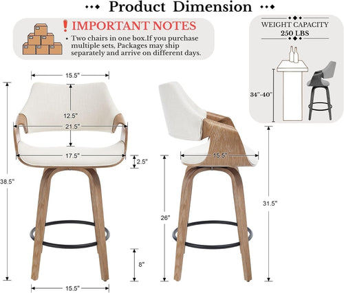 26'' Modern Barrel Swivel Counter Stools Counter Height Swivel Bar Stools with Backs Set of 4, Beige Linen Upholstered Bar Height stools, Farmhouse Solid Wood Barstools for Kitchen Island, Home Bar