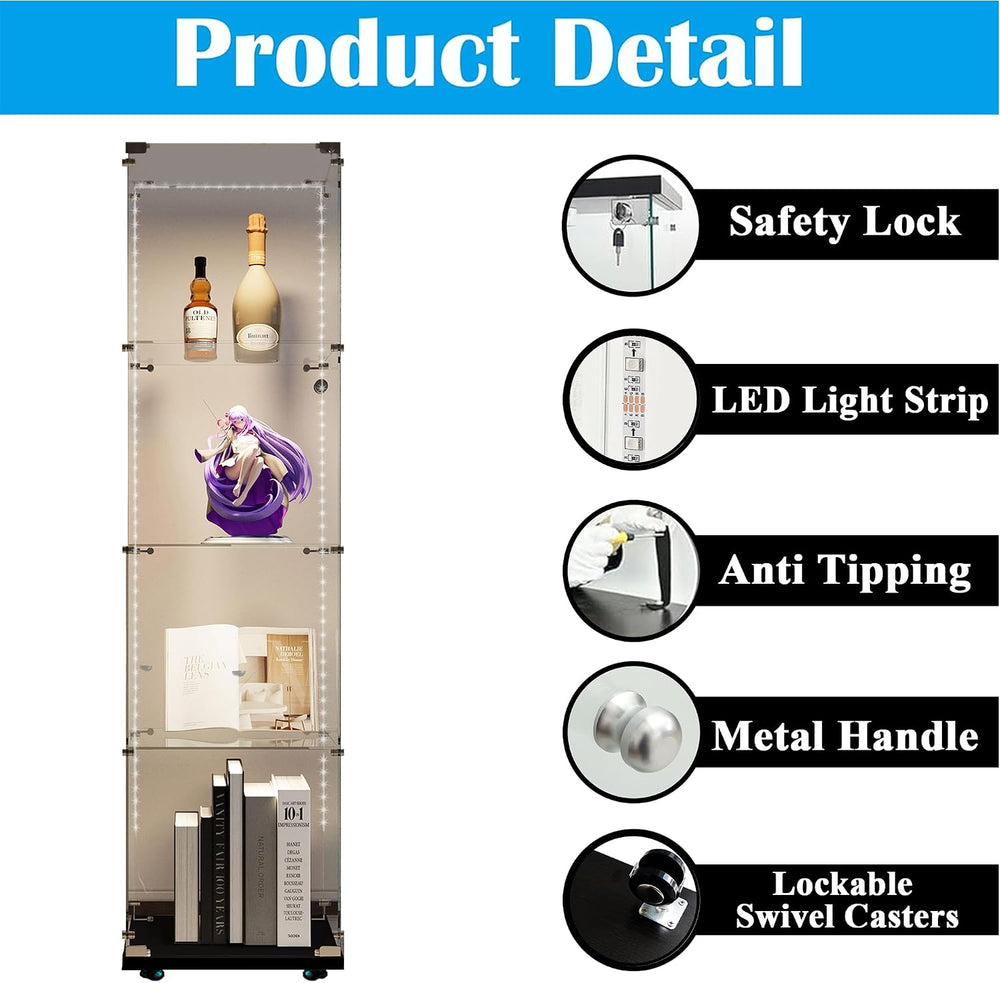 4-Shelf Glass Display Cabinet with LED Lights Strip and Lock, Curio Cabinets ...