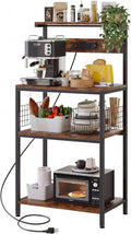 DUMOS Small Bakers Rack with Power Outlet for Kitchen Storage, 23.6" Microwave Stand, Appliance Organizer with 3 Adjustable Tiers for Small Apartment, Coffee Station, Counter Space Saving, Brown