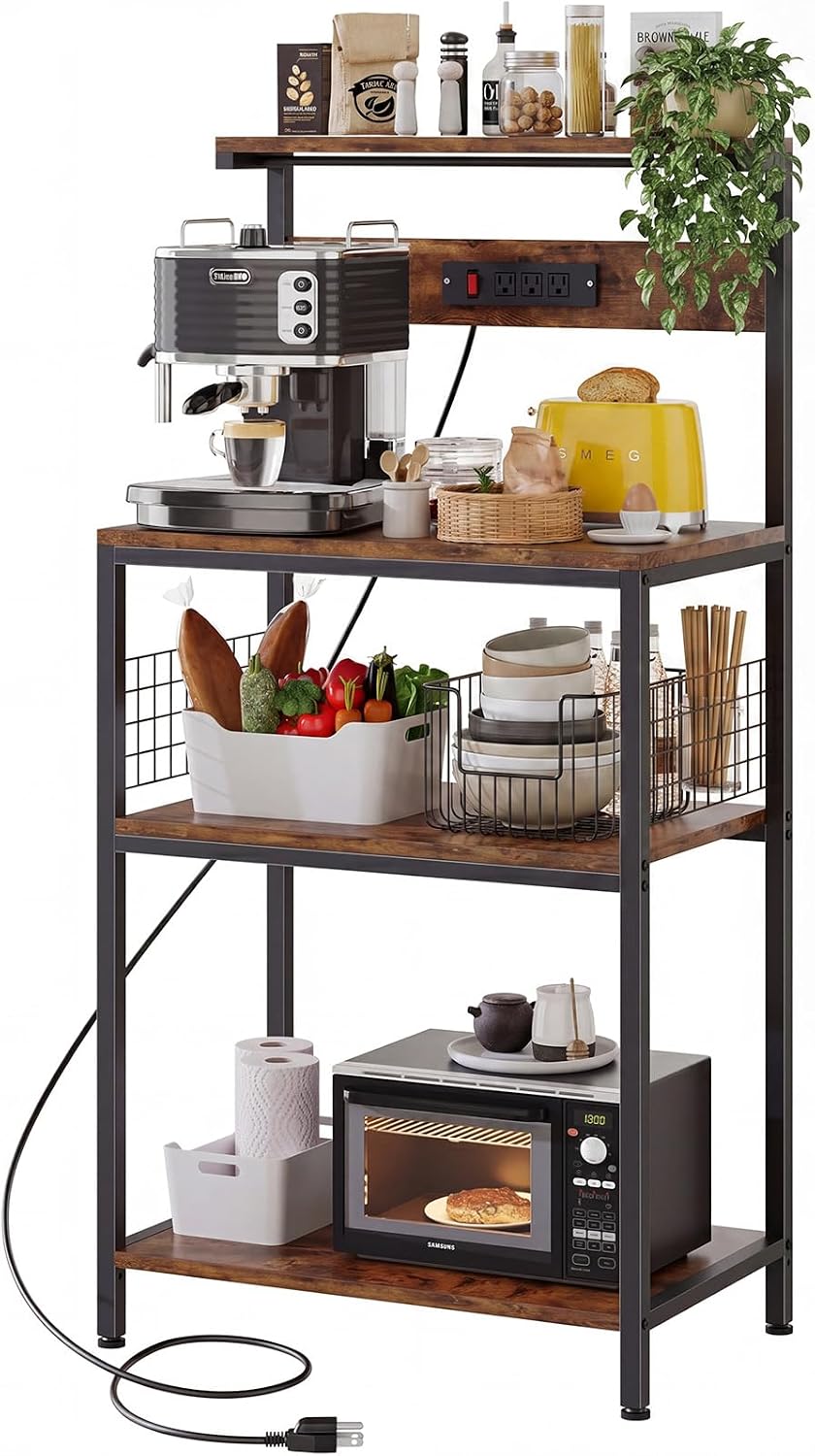 DUMOS Small Bakers Rack with Power Outlet for Kitchen Storage, 23.6" Microwave Stand, Appliance Organizer with 3 Adjustable Tiers for Small Apartment, Coffee Station, Counter Space Saving, Brown