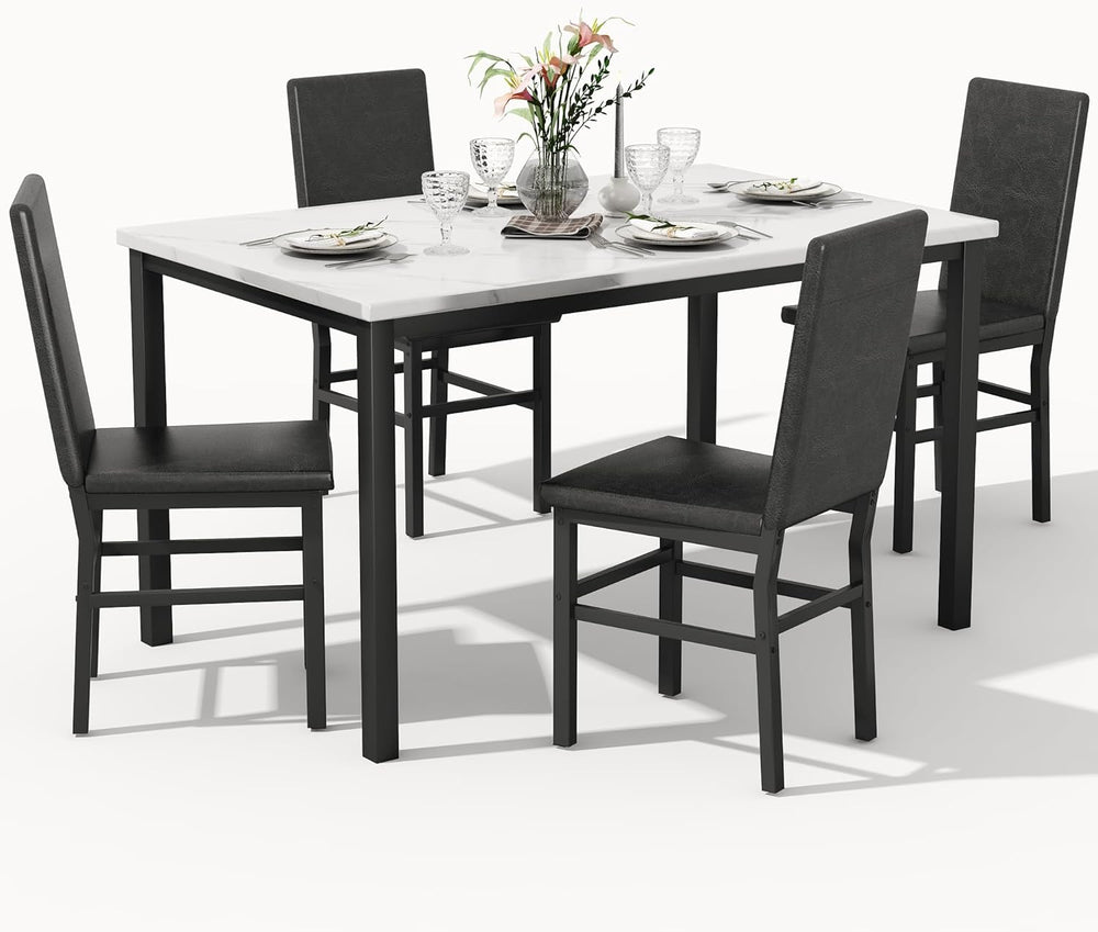 Dining Table Set for 4, 5-Piece Faux Marble Dining Set,4 Upholstered PU Chair...
