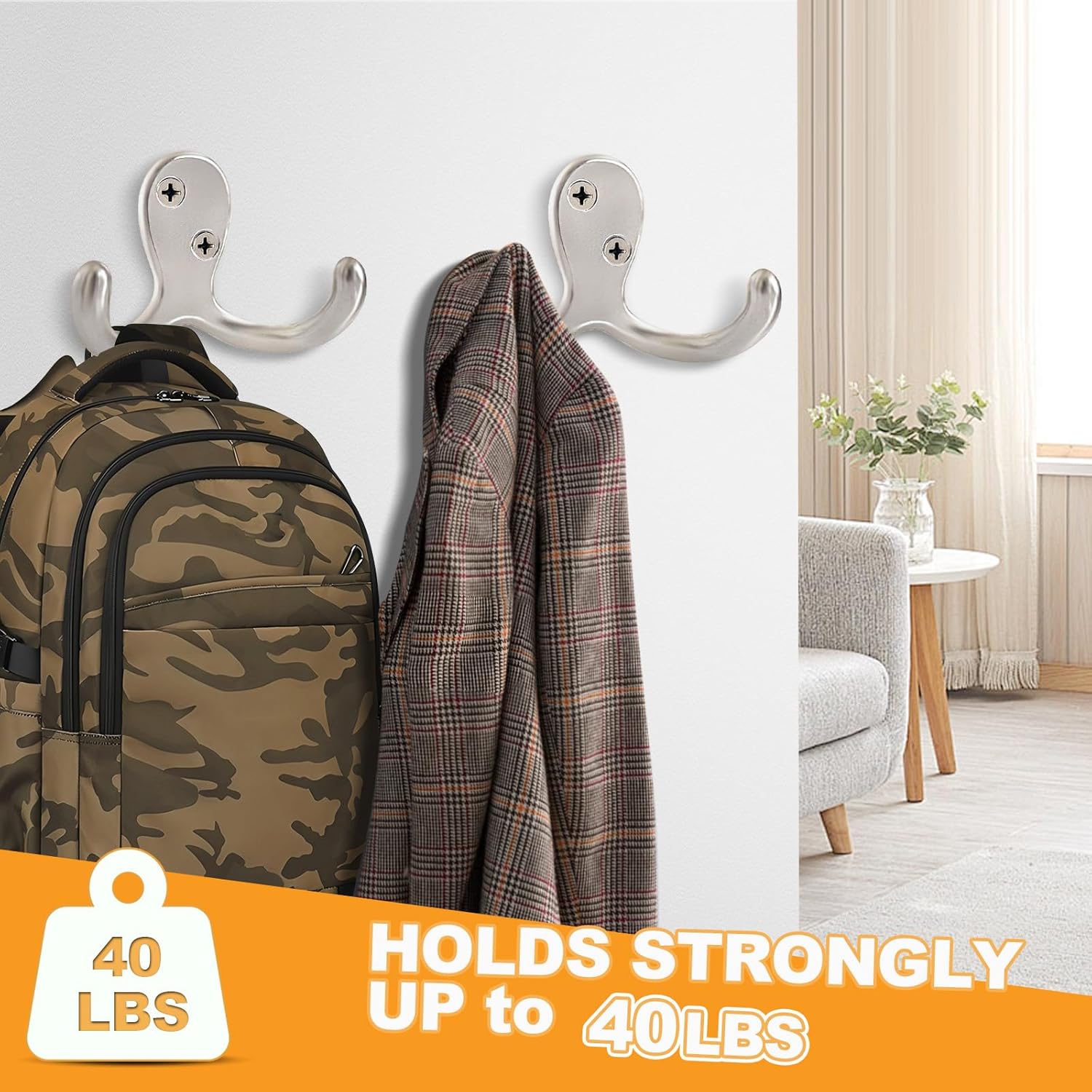 10 Pack Coat Hooks Wall Hooks for Hanging, Heavy Duty Double Prong Metal Hook Wall Mounted for Living Room, Bathroom, Kitchen, Bedroom for Coat, Bag, Scarf, Towel, Hat, Key, Cup (Silver)