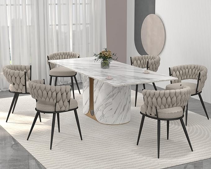 KCC Fabric Dining Chairs Set of 6, Modern Dining Chair with Metal Legs, Woven Upholstered Dining Chairs for Dining Room, Kitchen, Vanity, Living Room (Beige)