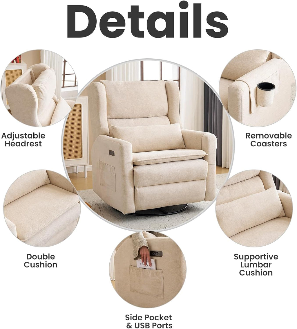 Oversized Swivel Rocker Recliner with Lumbar Cushion, Power Recliner Nursery Chair with Adjustable Headrest, Nursery Glider Recliner for Living Room, Beige