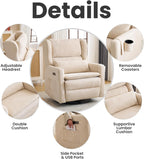 Oversized Swivel Rocker Recliner with Lumbar Cushion, Power Recliner Nursery Chair with Adjustable Headrest, Nursery Glider Recliner for Living Room, Beige