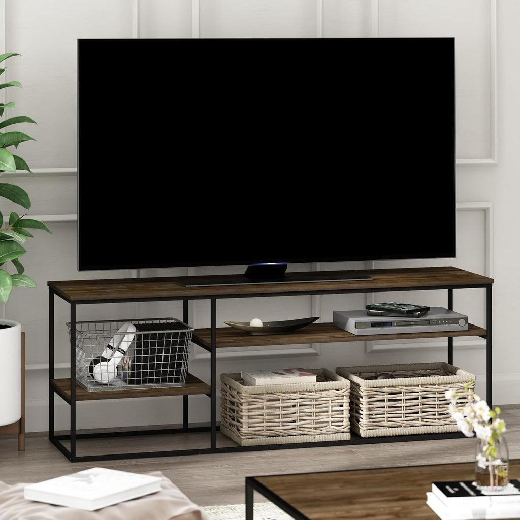 Furinno Moretti TV Stand for TVs up to 65 Inch, 3-Tier Rustic Brown Entertainment Center, Open Back TV Console with Cable Management, for Living Room, Bedroom, Brown Walnut