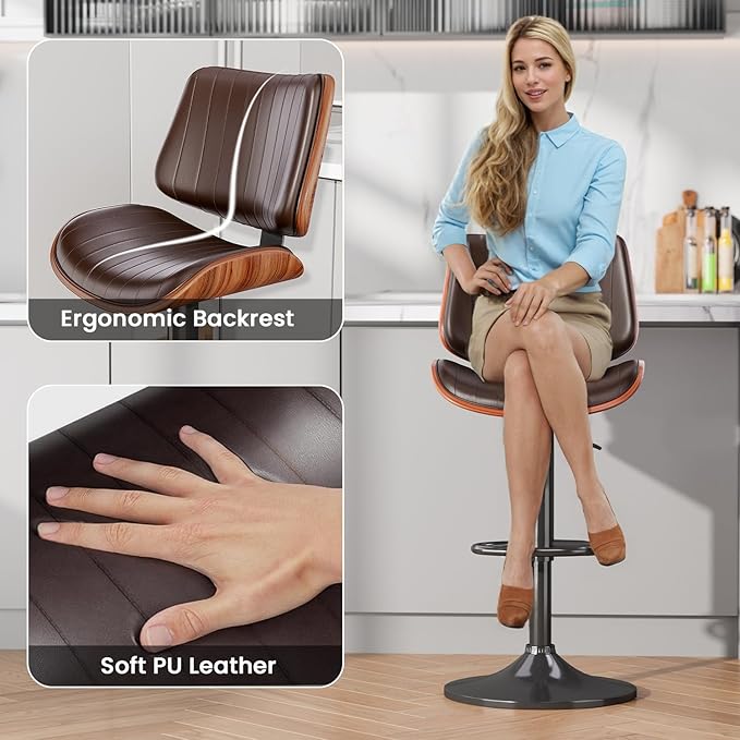 Swivel Bar Stools Set of 2, Adjustable Bentwood Barstools for Kitchen Counter, Modern PU Leather Upholstered Bar Chair with Back and Footrest, for Kitchen Island, Bar, Dining Room, Brown